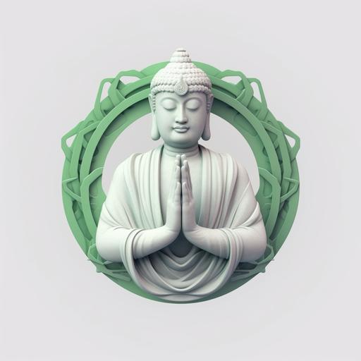 un logo composé d'un boudha hyper realiste entouré de deux mains d'adultes sur fon blanc et dans les tons verts