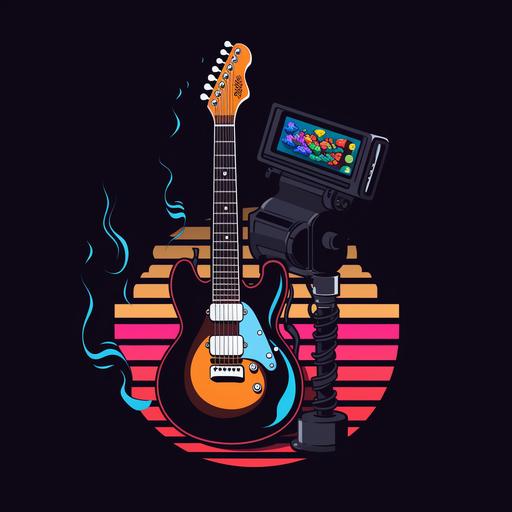 un logo pour un podcast. Le logo est un dessin en pixel art. On voit une guitare electrique, un tourne disque et une manette de jeux retro. le fond est clair. --s 50 --style raw