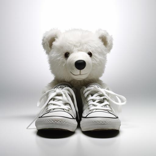 un oso de peluche con zapatos ortopedicos, el fondo color blanco,