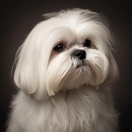 un perro Shih tzu blanco con pelaje delicado y un moño fino en la frente