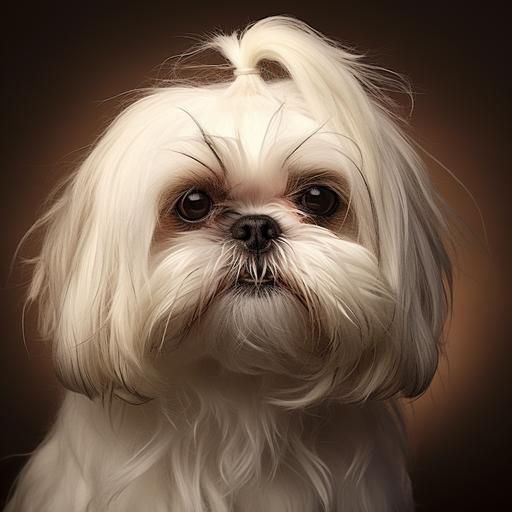 un perro Shih tzu blanco con pelaje delicado y un moño fino en la frente