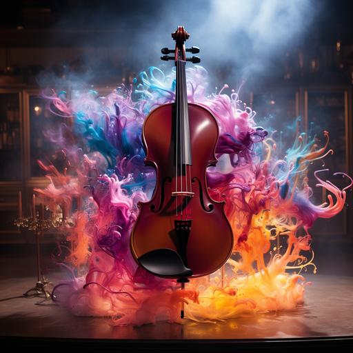 un violin, una bateria, un piano, una guitarra electrica sobre notas musicales por todas las partes en una explusión de humo de color con temática de circo --s 750
