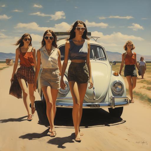 un volskwage beetle de los años 60 por un camino polvoso y cuatro muchachas jóvenes adentro del automóvil, ellas lucen preocupadas, están persiguiendo a alguien. 1968.