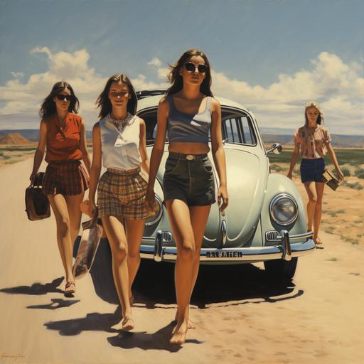 un volskwage beetle de los años 60 por un camino polvoso y cuatro muchachas jóvenes adentro del automóvil, ellas lucen preocupadas, están persiguiendo a alguien. 1968.
