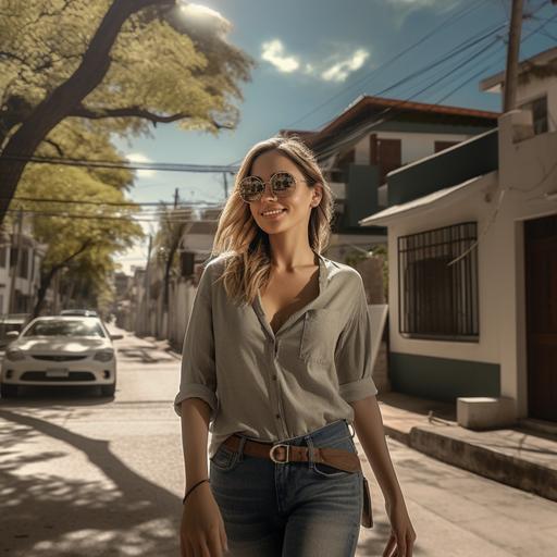una agente inmobiliaria argentina mujer, caminando por un barrio privado de lujo, casas lindas, pelo castaño ondulado y largo, de 34 años de edad. robusta, hd, 8k, hiper realista