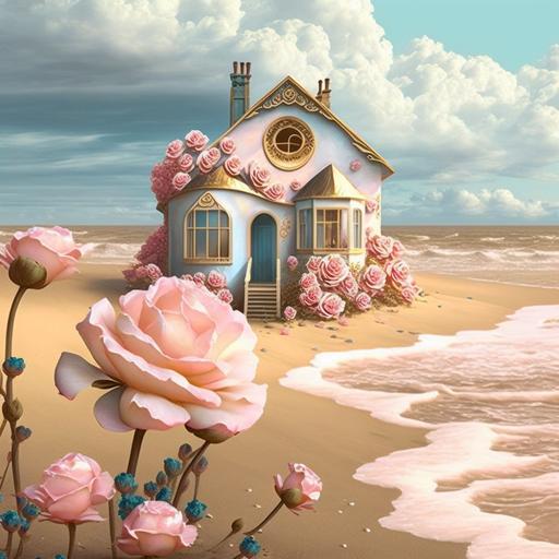 una casa en la playa con Flores Rosas y Blancas, color dorado, colores pasteles, nubes esponjosas, y cielo bonito, --v 4