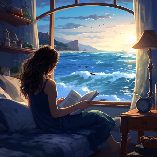 una chica joven leyendo en su habitación y del libro en mitad de las paginas entre las letras se abre una imagen de un día soleado con el mar en calma y el agua muy azul visto desde un acantilado