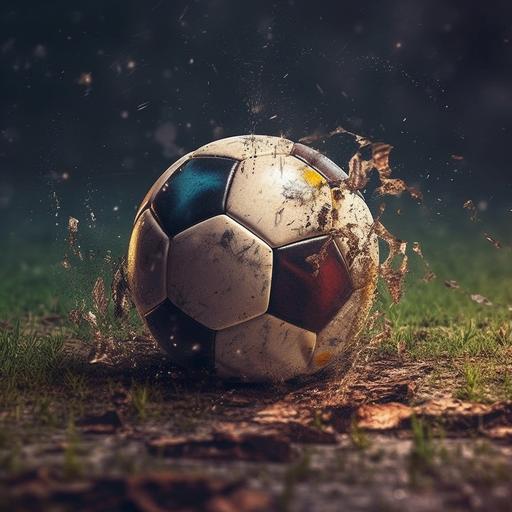 una fotografia para un poster de egames de un balon de futbol sobre el cesped perfecto y humedo, detalles, luces y sombras, destellos, alta definicion