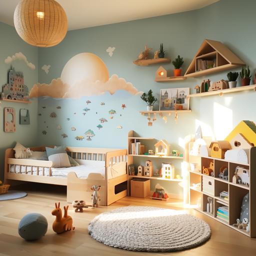 una habitación infantil, para niños, con muchos juguetes, todo muy bien ordenado y clasificado, estilo montessori, con tonos pasteles, colores suaves, buena iluminación natural, realista, fotografía