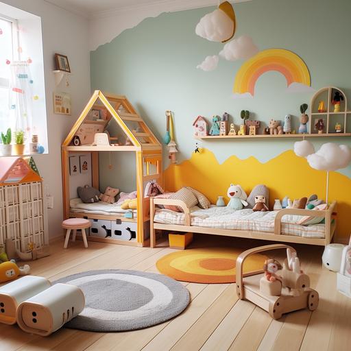 una habitación infantil, para niños, con muchos juguetes, todo muy bien ordenado y clasificado, estilo montessori, con tonos pasteles, colores suaves, buena iluminación natural, realista, fotografía