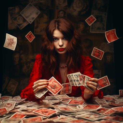 una joven y hermosa mujer de aspecto buchona, le las cartas del tarot sobre una mesa roja. detras de ella, llueven billetes de dolares.