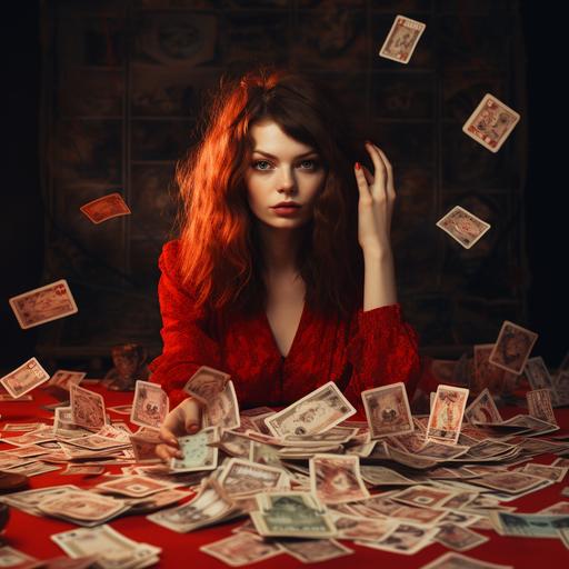 una joven y hermosa mujer de aspecto buchona, le las cartas del tarot sobre una mesa roja. detras de ella, llueven billetes de dolares.