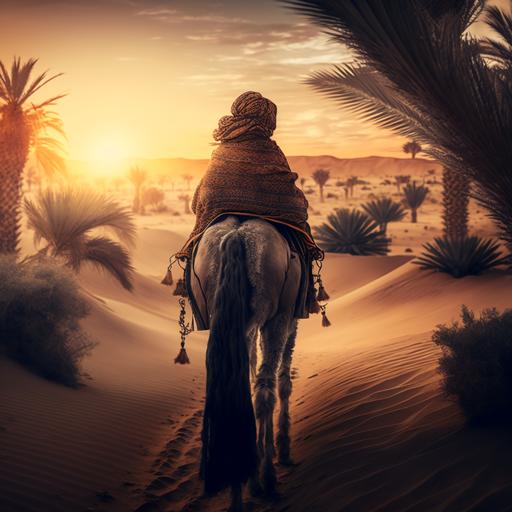 una mujer montada en un camello en el desierto con una palmera en un atardecer