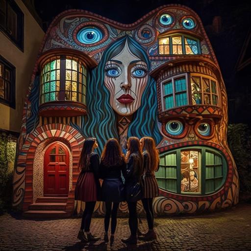 una mujer peliroja dirigiendose con sus amigas a un bar mientras pasan por enfrente de la casa Hundertwasser un viernes por la noche