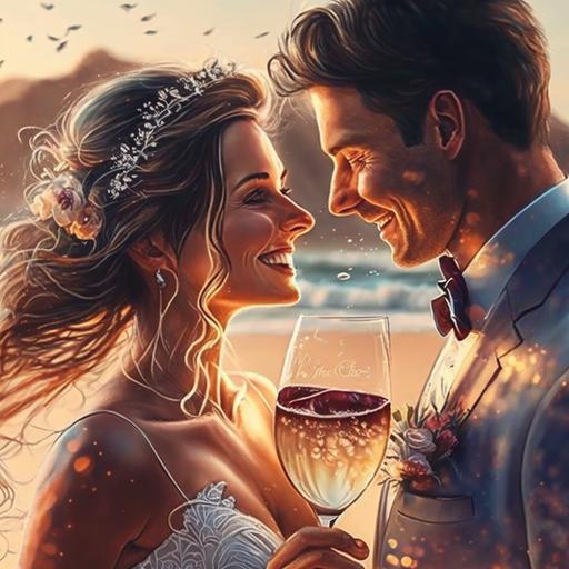 una pareja de recien casados en la playa, celebrando con vino, muy felices, 8k super realistas