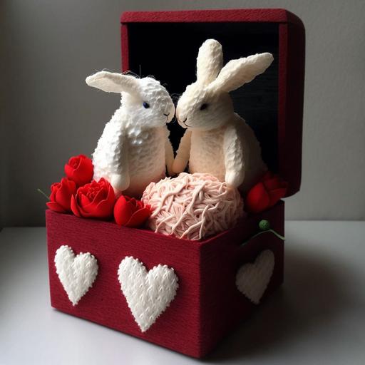 una pareja de tiernos conejitos blancos enamorados, con fondo de corazones difuminados en color rojo y obscuro, en medio una caja con un ramo de rosas rojas y la caja con un letrero en forma de corazon que diga lo siguiente ANGELICA Y GIOVANNI, 4k, realista.