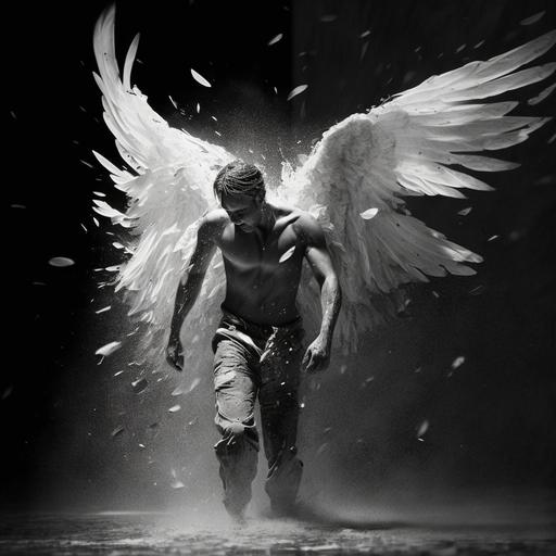 una pluma flotando que venga del ala de un angel en black and white, en alta definición, epic, imagen digital,