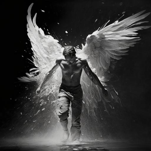 una pluma flotando que venga del ala de un angel en black and white, en alta definición, epic, imagen digital,