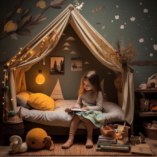 una recamara para una niña, inspirada en el otoño, con tonos naturales, tiene una litera, y cama con cajones
