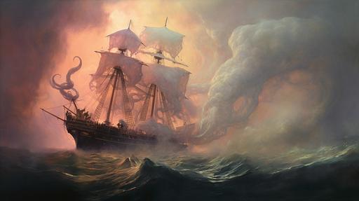 uncanny sea monster is made of smoke and mirrors the movement of a pirate ship, painting in the style of quint buchholz, paul emile chabas, joseph vernet, ivan aivazovsky --ar 16:9