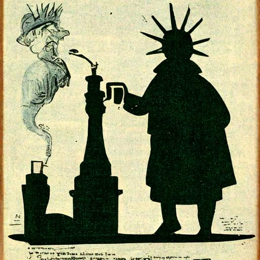 uncle sam drinking gasoline next to the statue of liberty, political cartoon from U.S. newspaper