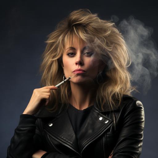 unconventionally attractive tired mom with a model pout, grumpy face but a good person, rocker and scholarly look, Tina Turner meets Meg Ryan vibes, smoking a cigarette, making a smoldering grin to someone off camera --v 5.2
