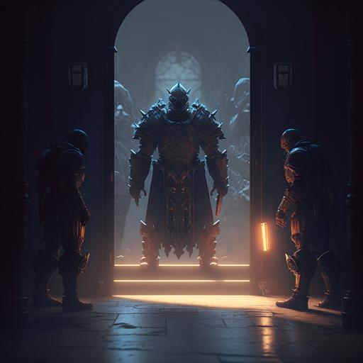 armored undead stand in front of a door frame and looks at monks, octane render, super resolution, lighting illuminated