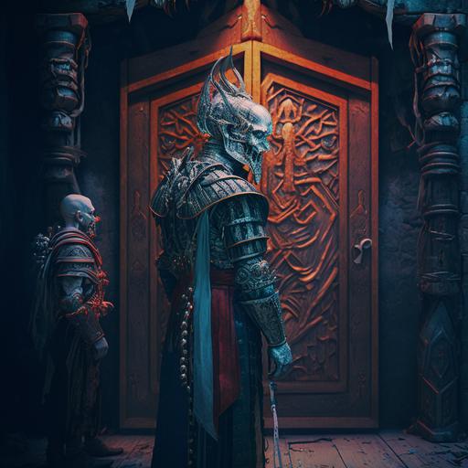 armored undead stand in front of a door frame and looks at monks,cinematic lighting, photorealistic, Cinematic, Color Grading, hyper-detailed, beautifully color-coded, insane details, intricate details, beautifully color graded, ultra detailed, octane render, super resolution, lighting illuminated, insanely detailed and intricate