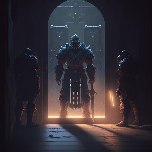 armored undead stand in front of a door frame and looks at monks, octane render, super resolution, lighting illuminated