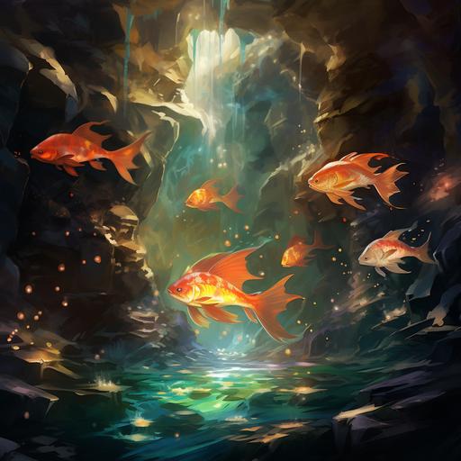 underground gold fishes swimming in colorful water, fire dragons flying above, emerald shining rocks