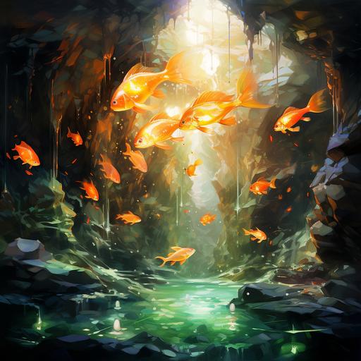 underground gold fishes swimming in colorful water, fire dragons flying above, emerald shining rocks