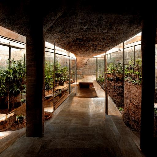 underground plant nursery with rammed earth walls, high windows, and homey decor