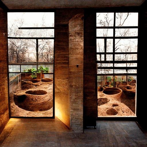 underground plant nursery with rammed earth walls, high windows, and homey decor