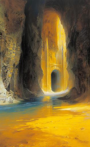 underground tunnel entrance, yellow sand, blue river, medieval ruins. Drawn with oil painting, john howe, dark fantasy environment, detailed --ar 500:809 --v 6.0