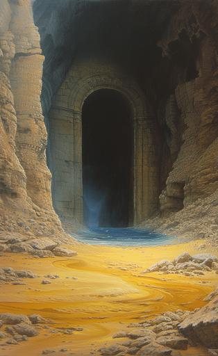 underground tunnel entrance, yellow sand, blue river, medieval ruins. Drawn with oil painting, john howe, dark fantasy environment, detailed --ar 500:809 --v 6.0