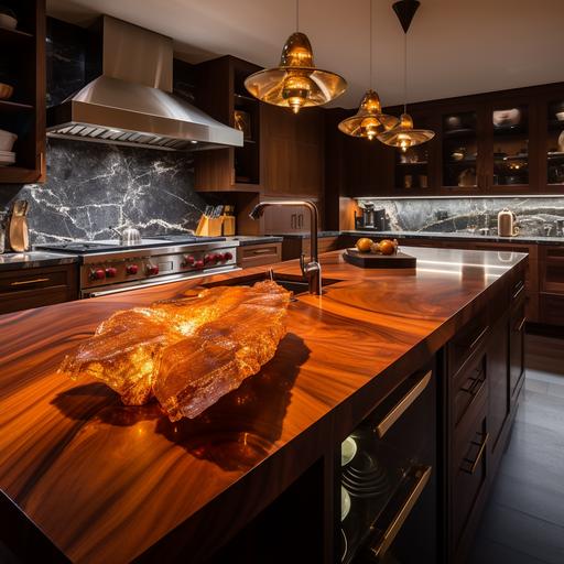underlit jewelry grade wulfenite countertops in kitchen of figured slab mahogany cabinets and professional grade wolf appliances --s 50