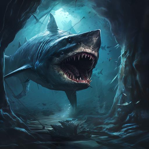 underwater cave with giant scary shark for a dungeons and dragons campaign