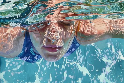 underwater oil painting of swimmer with her eyes open and water going into her eyes, she can see underwater like a fish but she has human eyes; you can see the full body of the swimmer and she has ginger hair colour; the painting is in the style of the artist samantha french --ar 3:2 --v 6.0