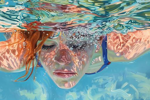 underwater oil painting of swimmer with her eyes open and water going into her eyes, she can see underwater like a fish but she has human eyes; you can see the full body of the swimmer and she has ginger hair colour; the painting is in the style of the artist samantha french --ar 3:2 --v 6.0