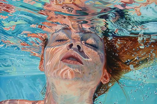 underwater oil painting of swimmer with her eyes open and water going into her eyes, she can see underwater like a fish but she has human eyes; she is swimming right to left and you can see her whole body her legs; she has long flowing ginger hair colour; the painting is in the style of the artist samantha french --ar 3:2 --v 6.0