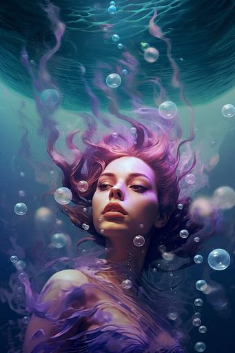 underwater woman, mermaid, purple, blue, bubble --v 5.1