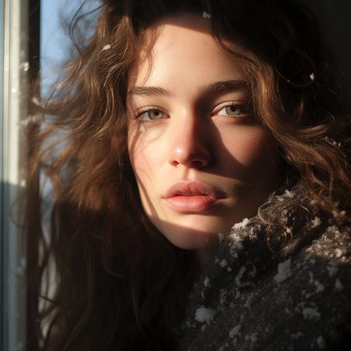 une femme réelle aplique de la crème solaire sur son visage à coté d'une fenêtre avec de la neige dehors, photo réelle, direct natural light, 8k, canon ef lens 16mm, macro, product photography,