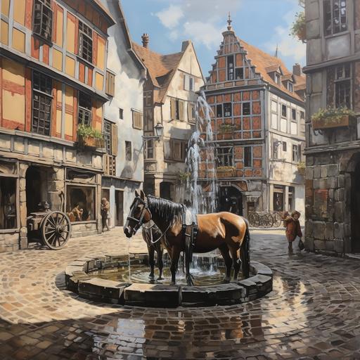 une place à Liège, en Belgique, avec une fontaine au centre. Mettez en scène un cavalier lavant son cheval dans la fontaine après 20 heures, avec des regards mécontents des passants