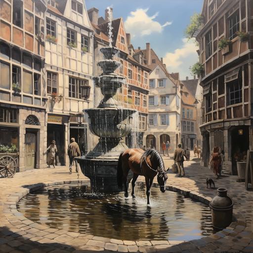 une place à Liège, en Belgique, avec une fontaine au centre. Mettez en scène un cavalier lavant son cheval dans la fontaine après 20 heures, avec des regards mécontents des passants