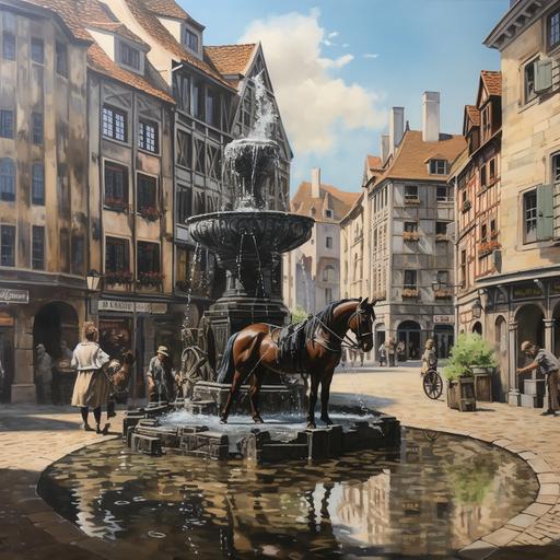 une place à Liège, en Belgique, avec une fontaine au centre. Mettez en scène un cavalier lavant son cheval dans la fontaine après 20 heures, avec des regards mécontents des passants