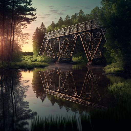 une pont en treillis métallique avec une structure ofiginale qui enjambe un rivière au reflets vert bordée de grands arbres au couché du soleil
