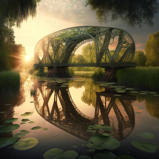 une pont en treillis métallique avec une structure ofiginale qui enjambe un rivière au reflets vert bordée de grands arbres au couché du soleil