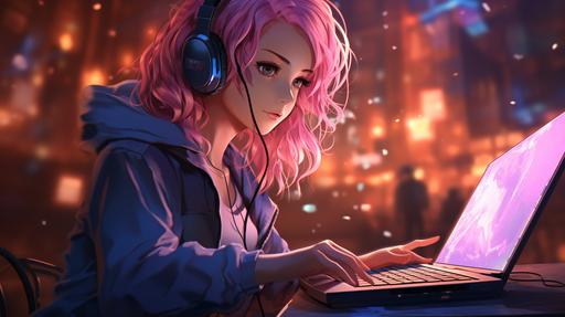 Attractive female anime character with pink hair sitting infront of her laptop futuristic background realistic --ar 16:9 --style raw --s 250