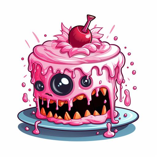 a cute horror monster eating cake png logo for a bakery named creepy cravings in pink and black and a white background in hd