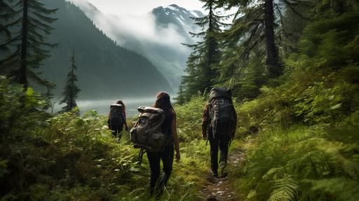 horror story 3 female best friend adventurers hiking in remote Alaska, dense forest, in an unexplored region of Alaska --ar 16:9